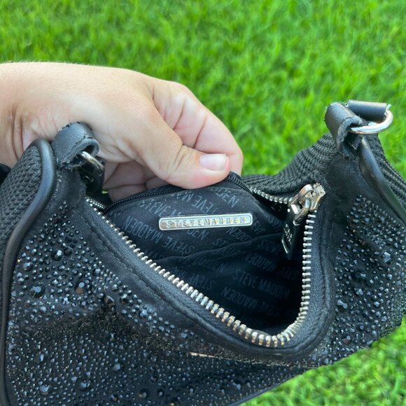 Steve Madden Black Nylon Rhinestone Crystal Baguette Shoulder Bag - Picture 4 of 13